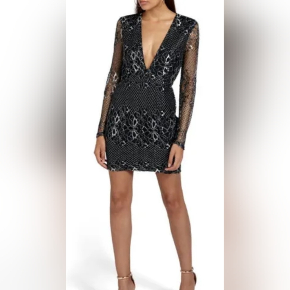 NWT Missguided Black Sparkly Silver Long Skeeve Lace Mini Cocktail Dress Size 12